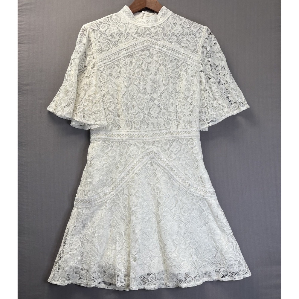 Strut & Bolt White Lace Mini Dress L Flutter Sleeve High Neck Coquette Romantic
